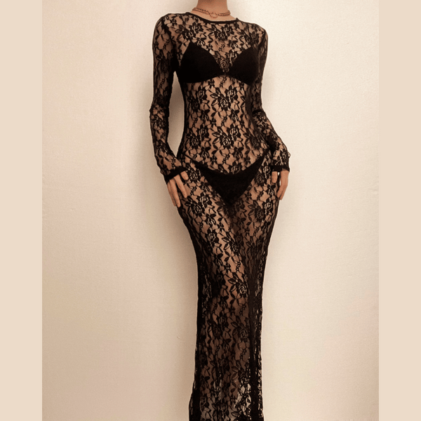 Robe longue à col ras du cou et manches longues transparente en dentelle unie 