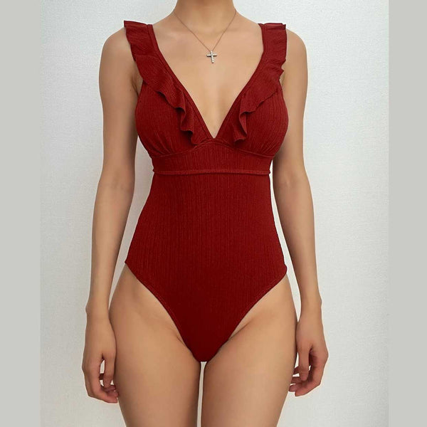 Maillot de bain une pièce uni à volants, col en V, lacets, dos nu