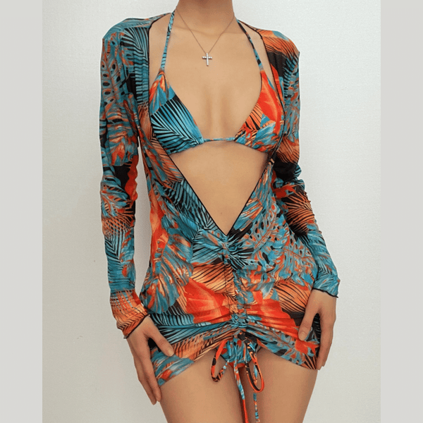 Maillot de bain 3 pièces à manches longues et col licou avec cordon de serrage en maille et imprimé contrasté