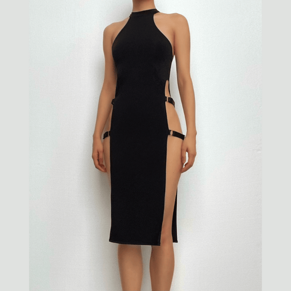 Buckle sleeveless solid slit halter mini dress  | red tango dress