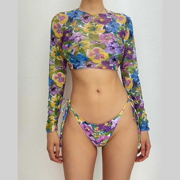 Maillot de bain 3 pièces à manches longues et col licou contrasté avec motif floral en maille