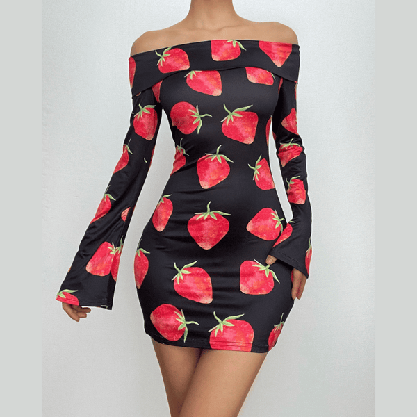 Mini-robe contrastée à manches longues et épaules dénudées, imprimé fraise 