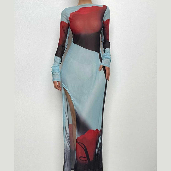 Sheer mesh see through abstract contrast long sleeve slit maxi dress  | samba dress