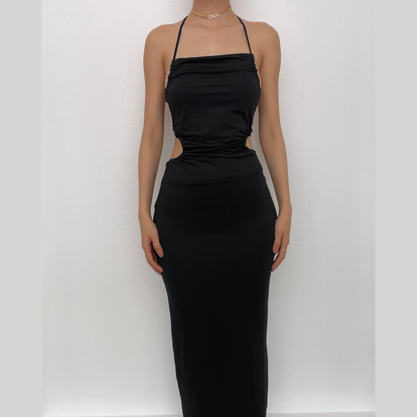 Robe longue dos nu à cordon de serrage et licou uni