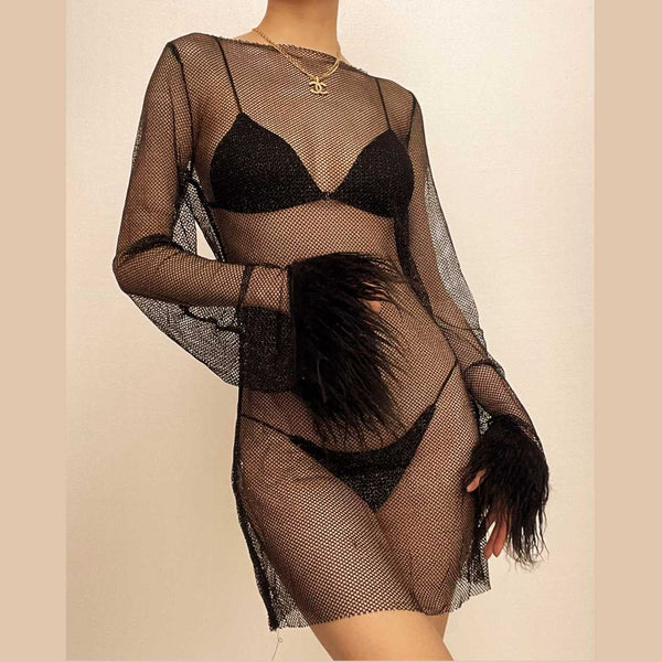 Long sleeve solid see through sheer mesh fluffy round neck mini dress  | samba dress