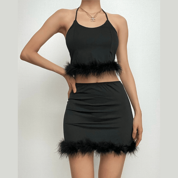Ensemble mini-jupe tube dos nu à plumes solides