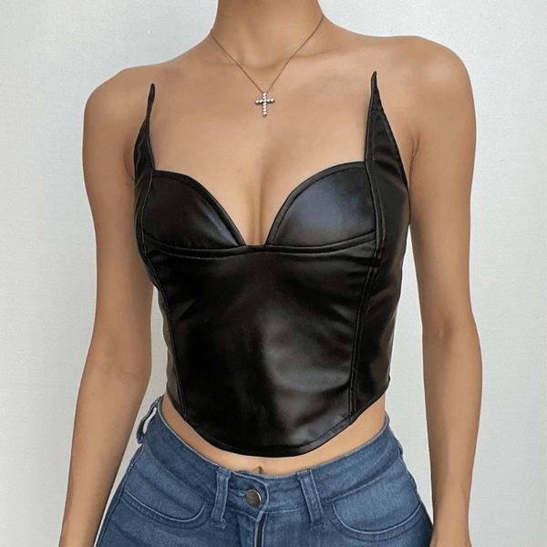 Haut court bustier en cuir PU solide avec fermeture éclair, col en V et dos nu 