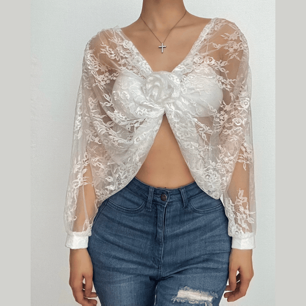 Haut court dos nu à manches longues bouffantes en dentelle avec appliques florales transparentes 