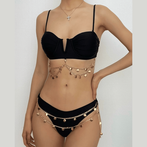 Maillot de bain bikini rembourré froncé avec chaîne en métal