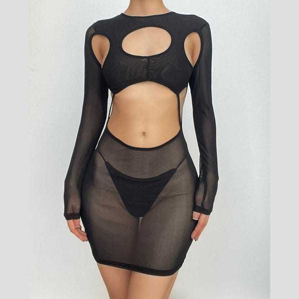 Robe courte transparente à manches longues et ajourée en maille transparente | robe samba 