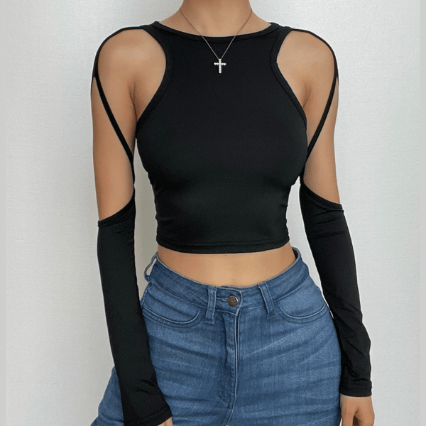 Hollow out solid long sleeve crewneck crop cut out top