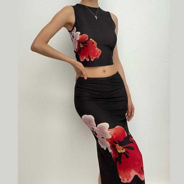 Ensemble jupe midi sans manches à motif floral contrasté en maille transparente