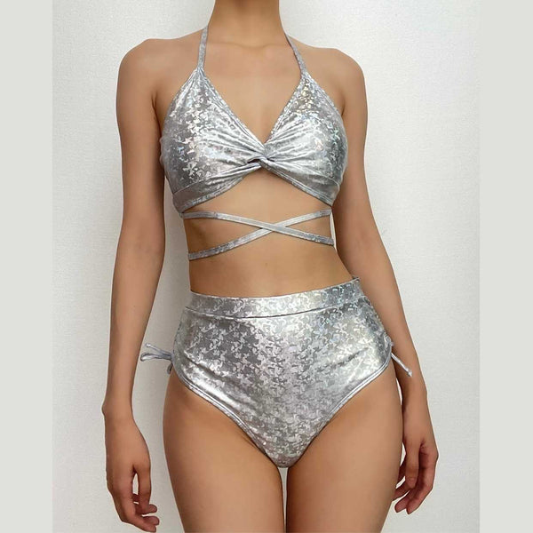 Maillot de bain bikini dos nu avec cordon de serrage métallique