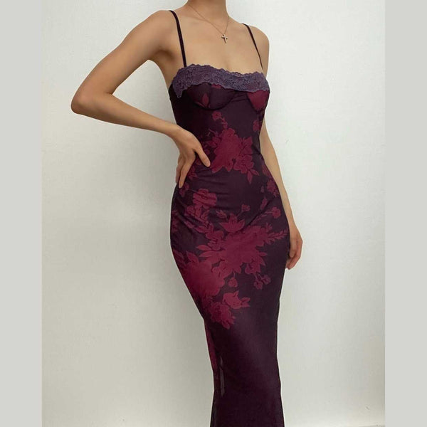 Robe midi fendue à motif floral contrasté avec ourlet en dentelle