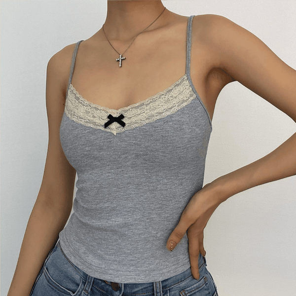 Lace hem v neck contrast backless cami top