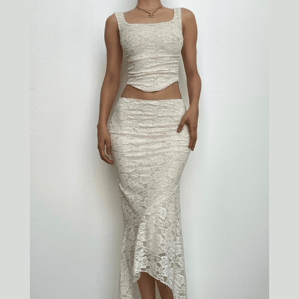 Ensemble jupe midi froncée unie sans manches à col en U et dos nu à lacets 