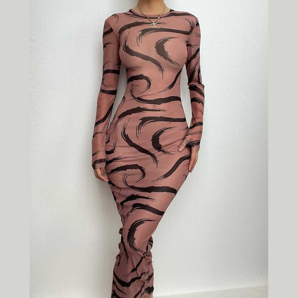 Robe longue transparente à manches longues et imprimé contrasté | robe samba 