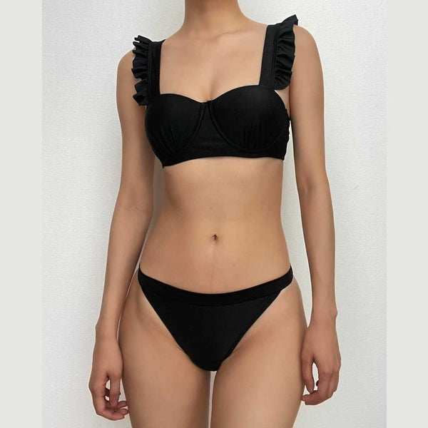 Maillot de bain bikini dos nu rembourré à volants et col en cœur