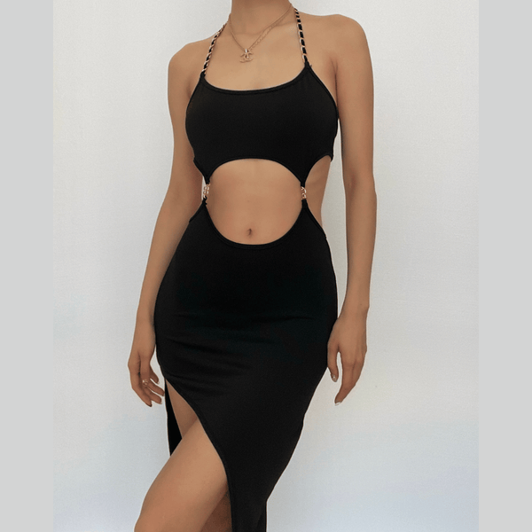 Robe midi unie à dos nu et chaîne en métal avec fente ajourée