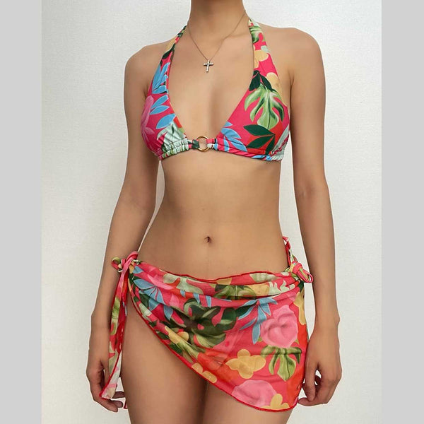 Maillot de bain 3 pièces en maille à imprimé floral avec cordon de serrage et dos nu