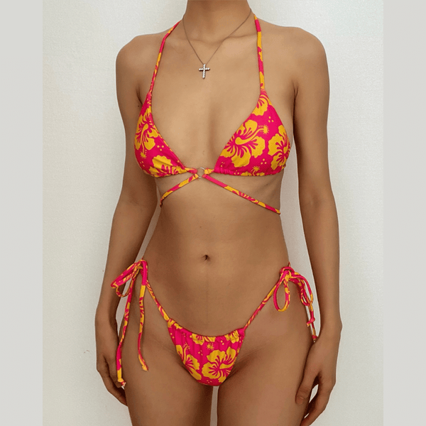 Maillot de bain bikini à nouer avec cordon de serrage contrasté et motif floral