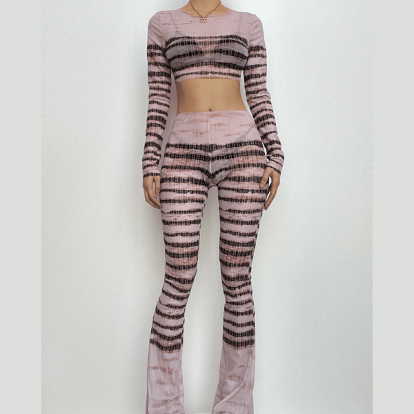 Ensemble pantalon contrasté à manches longues et rayures en maille transparente