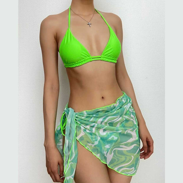 Maillot de bain 3 pièces en maille dos nu à imprimé contrasté ondulé