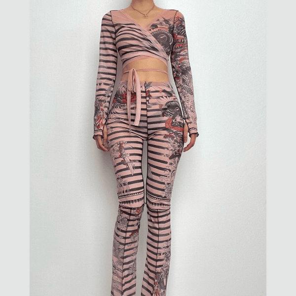 Ensemble pantalon à manches longues et à nouer en maille transparente à rayures contrastées 