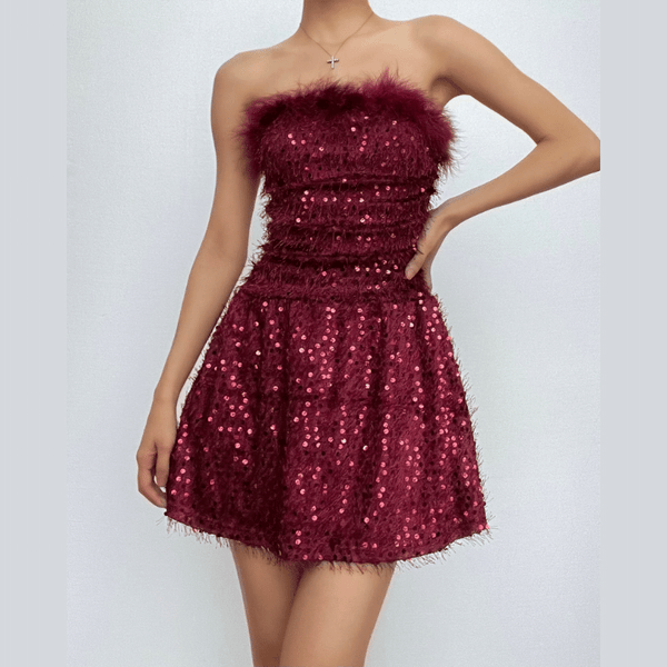 Textured glitter backless feather tube mini dress  | red tango dress