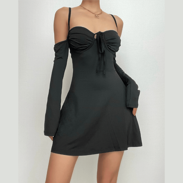 Robe courte à lacets et manches longues, dos croisé, épaules dénudées | Robe rave noire | Robe rave noire 