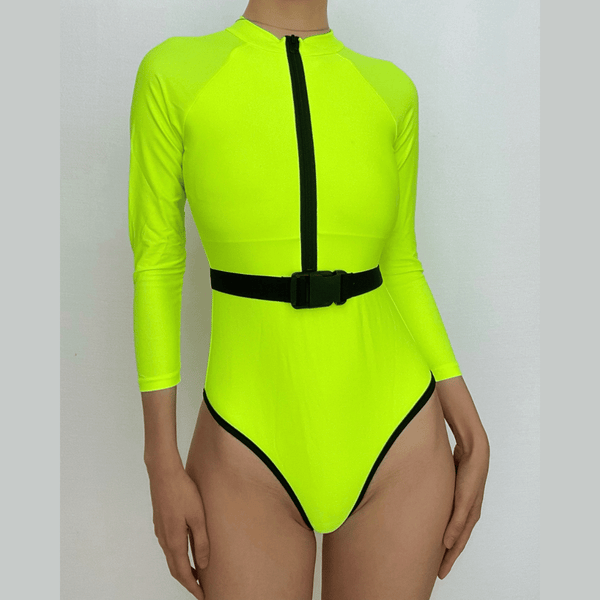 Maillot de bain une pièce à manches longues et ceinture contrastée avec fermeture éclair 