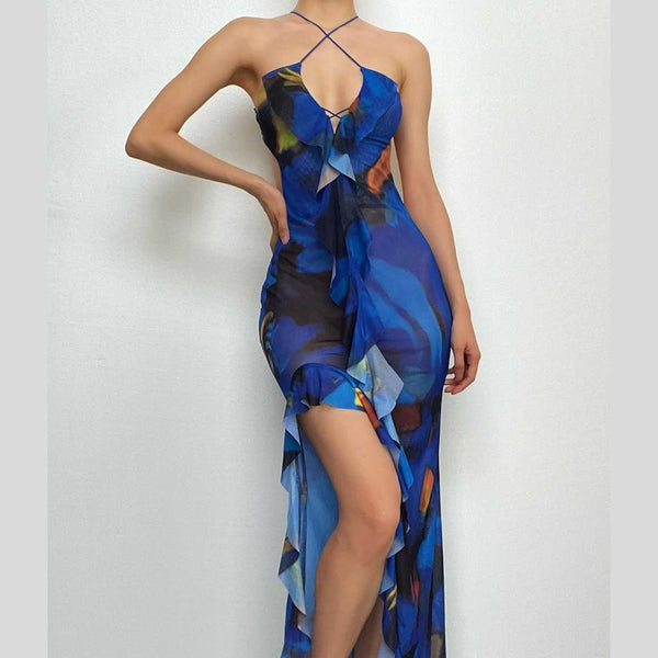 Cross front backless sheer mesh see through slit contrast print maxi dress  | samba dress