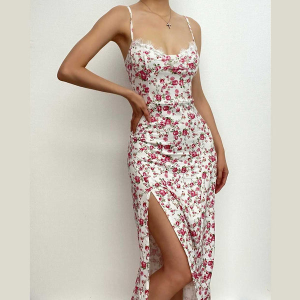 Flower pattern print lace up slit low cut cami midi dress  | red tango dress