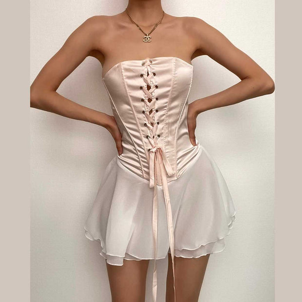 Robe mini tube dos nu à lacets contrastés et fermeture éclair à volants