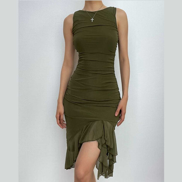 Ruched solid sleeveless ruffle zip-up backless midi dress  | red tango dress