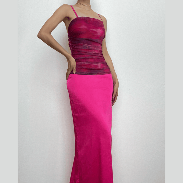 Ruched flower print zip-up square neck contrast slit maxi dress  | red tango dress