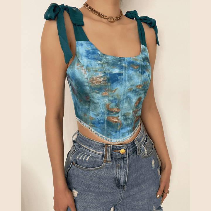 Print lace up back self tie strap bustier crop top - Halibuy