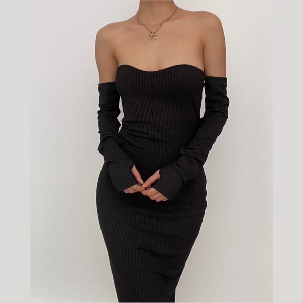Robe tube côtelée unie à manches longues et dos nu à épaules dénudées