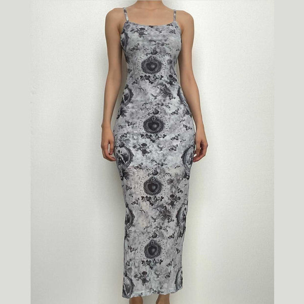 Slit contrast print sheer mesh see through u neck cami midi dress  | samba dress