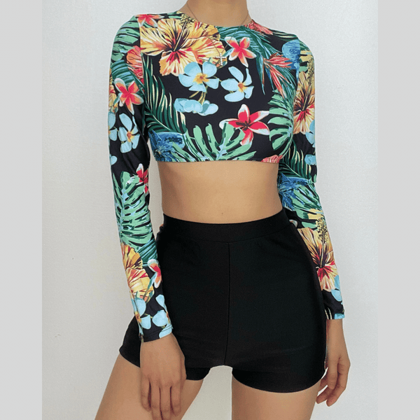 Maillot de bain bikini à manches longues et dos croisé, ajouré, contrasté, à nouer soi-même 