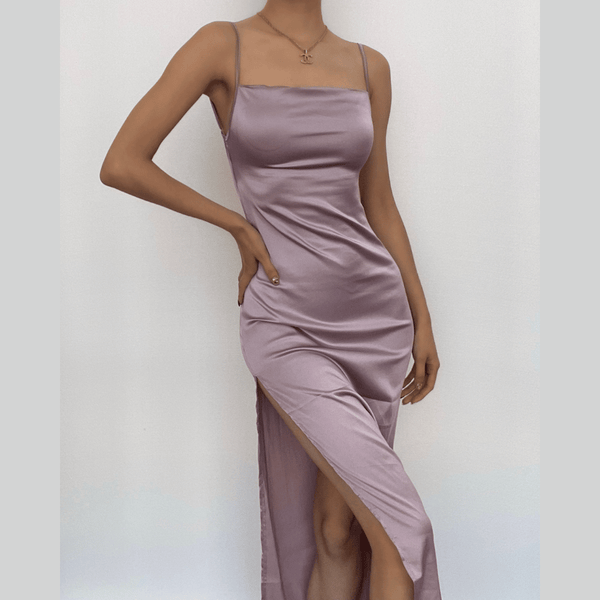 Robe midi en satin sans manches, fendue et unie, dos nu, à nouer soi-même