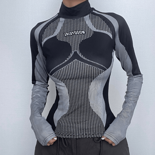 High neck long sleeve contrast print gloves top