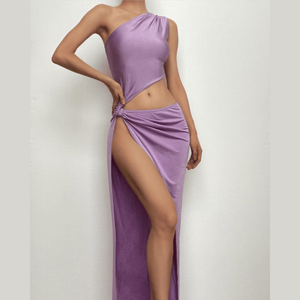 Knotted irregular one shoulder hollow out slit maxi dress  | red tango dress