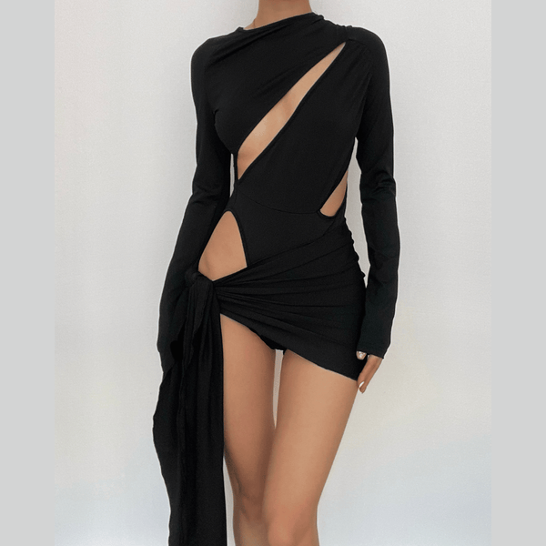 Ensemble mini-robe et jupe à manches longues avec boutons ajourés et couleur unie