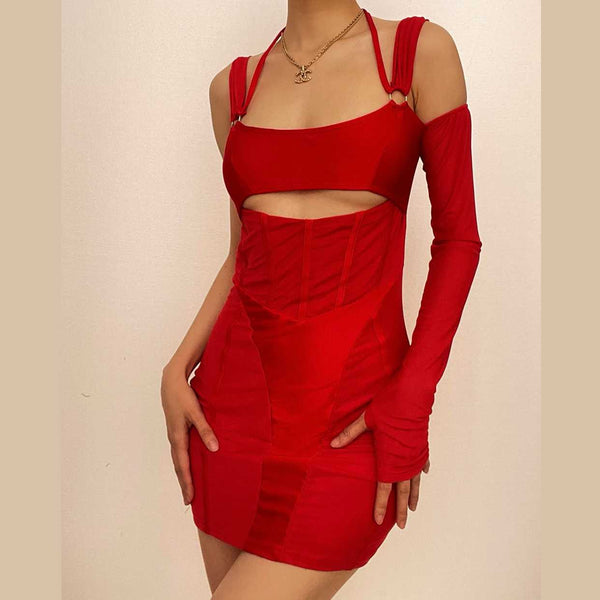 Gloves mesh corset off shoulder hollow out long sleeve halter mini dress  | red tango dress