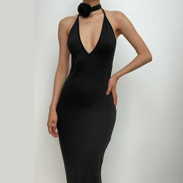 Solid v neck halter backless flower applique self tie maxi dress  | red tango dress