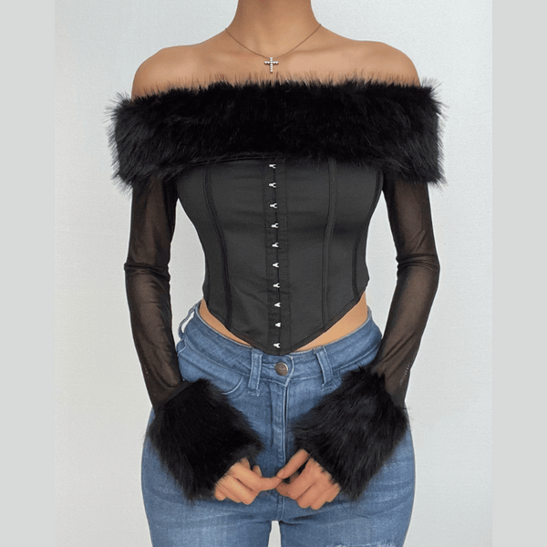 Bustier en maille à manches longues et boutons en plumes, haut court à épaules dénudées 