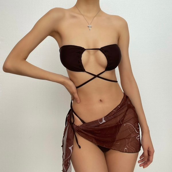 Cross front halter hollow out self tie mini dress 3 piece swimwear  | red tango dress