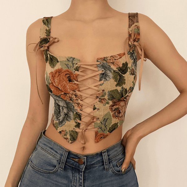 Print bow tie lace up bustier crop top - Halibuy