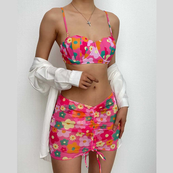Maillot de bain 3 pièces rembourré contrasté à motif floral et cordon de serrage